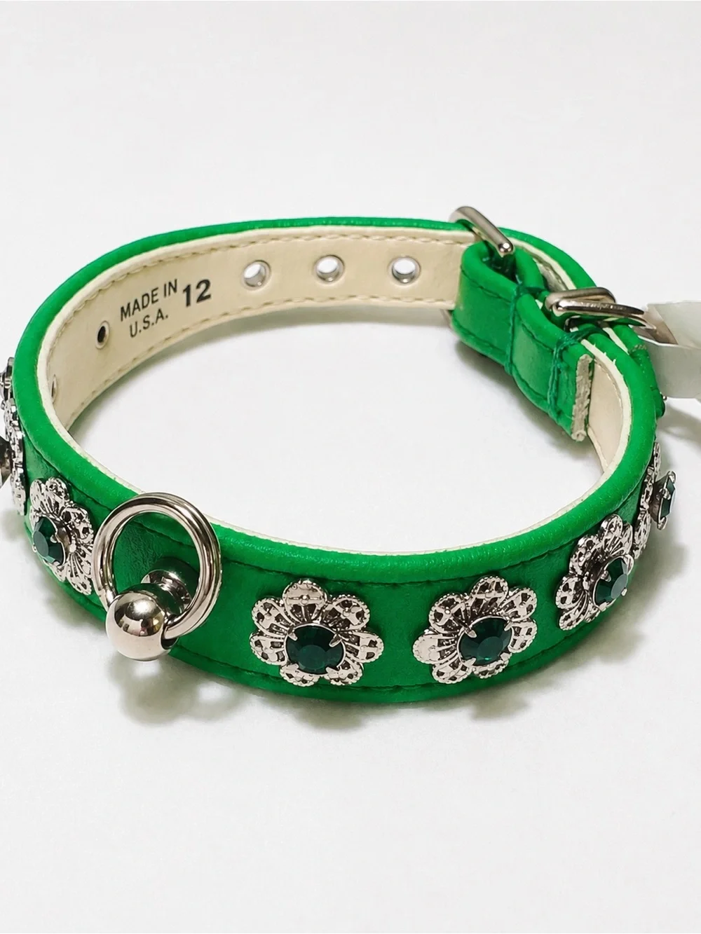 Green Floral Crystal Dog Collar with Silver Accents